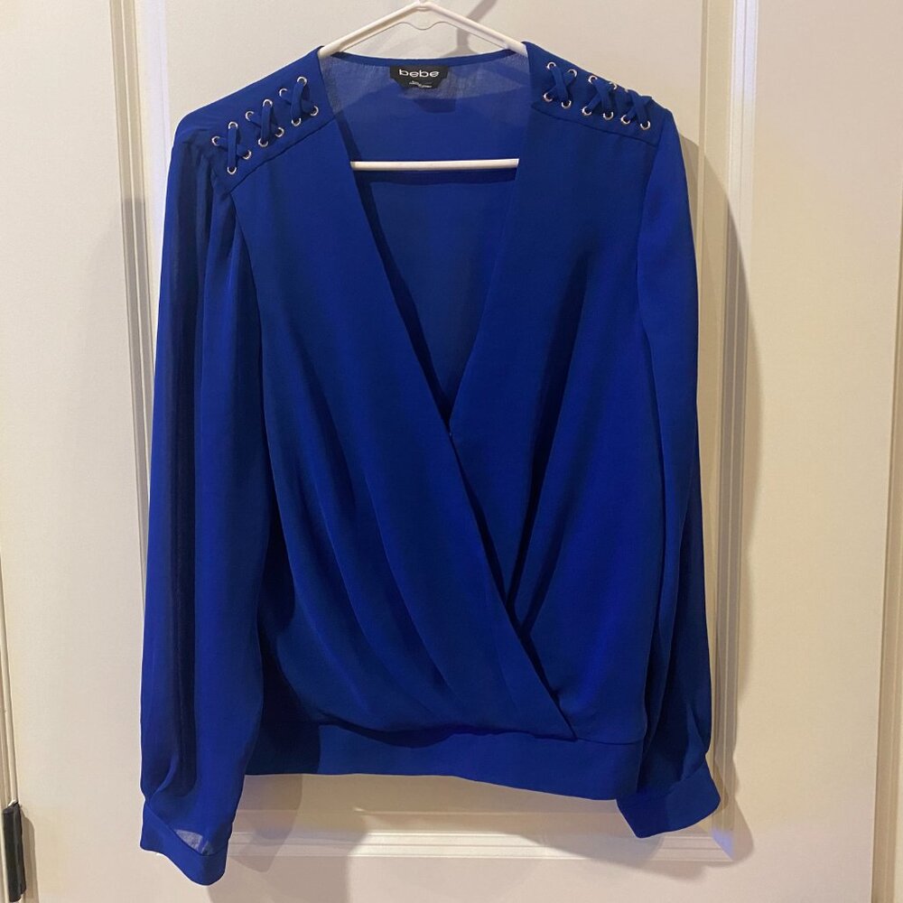 Bebe Royal Blue Wrap Crossover Top Size Large - Picture 3 of 11